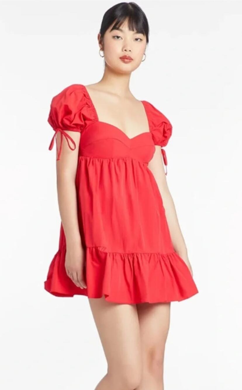 Amanda Uprichard Sicily Puff Sleeve Sweetheart Neck Babydoll Mini Dress Red S